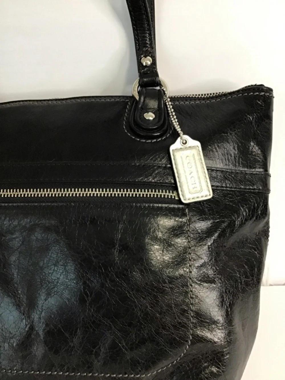 COACH LG POPPY  Black Distressed Look LEATHER Tote Shoulder